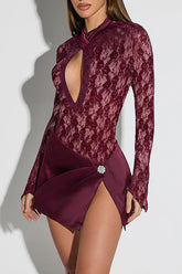 Cutout Jacquard Bodysuit Slit Mini Skirt 2pcs Set - Burgundy